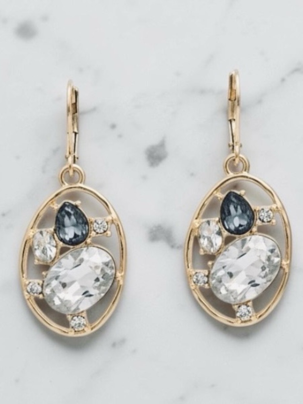 Gold Drop Leverback Earrings with Clear and Black Crystals